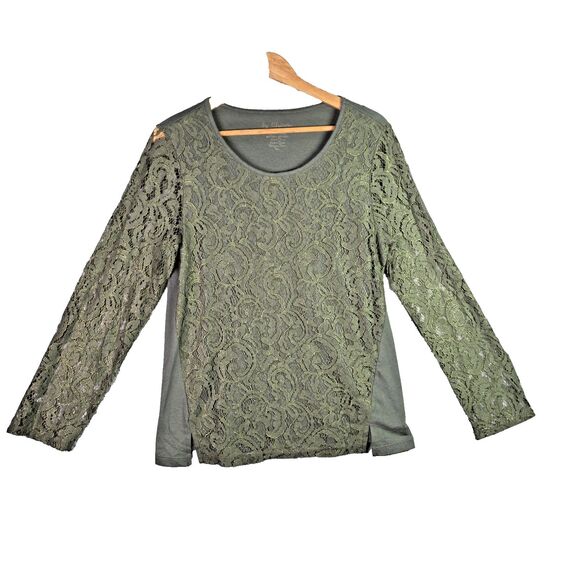 Chicos Olive Green Lace Overlay Knit Top M Long Sleeve Scoop Neck Side Slits - Picture 6 of 6
